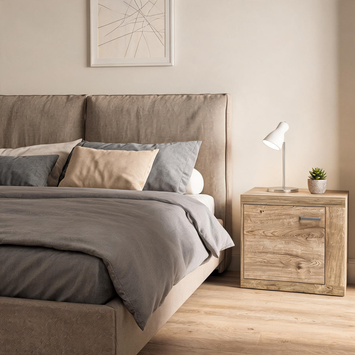 Korin bedside table 57x51 next to a beige bed with a lamp and a succulent – boho bedside table for the bedroom
