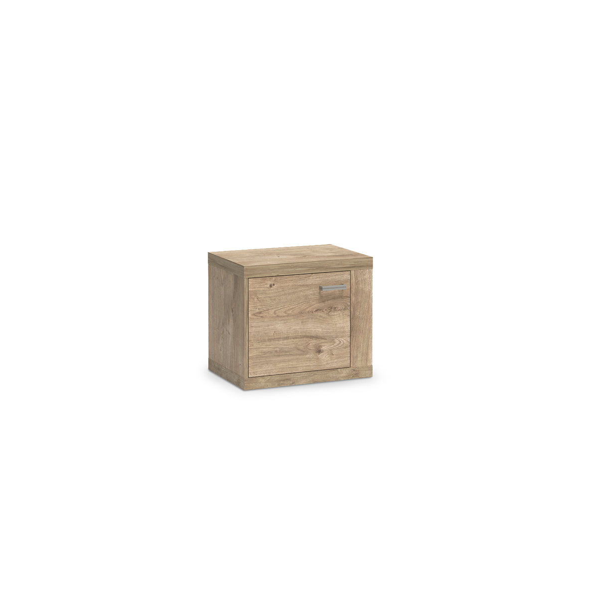 Korin bedside table 57x51 in oak – bedside table with a door and a metal handle, angled view