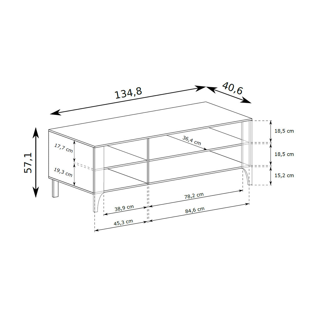 EKLIPSO TV cabinet 135x57 with open shelving in a modern style – dimension drawing | Pillovely