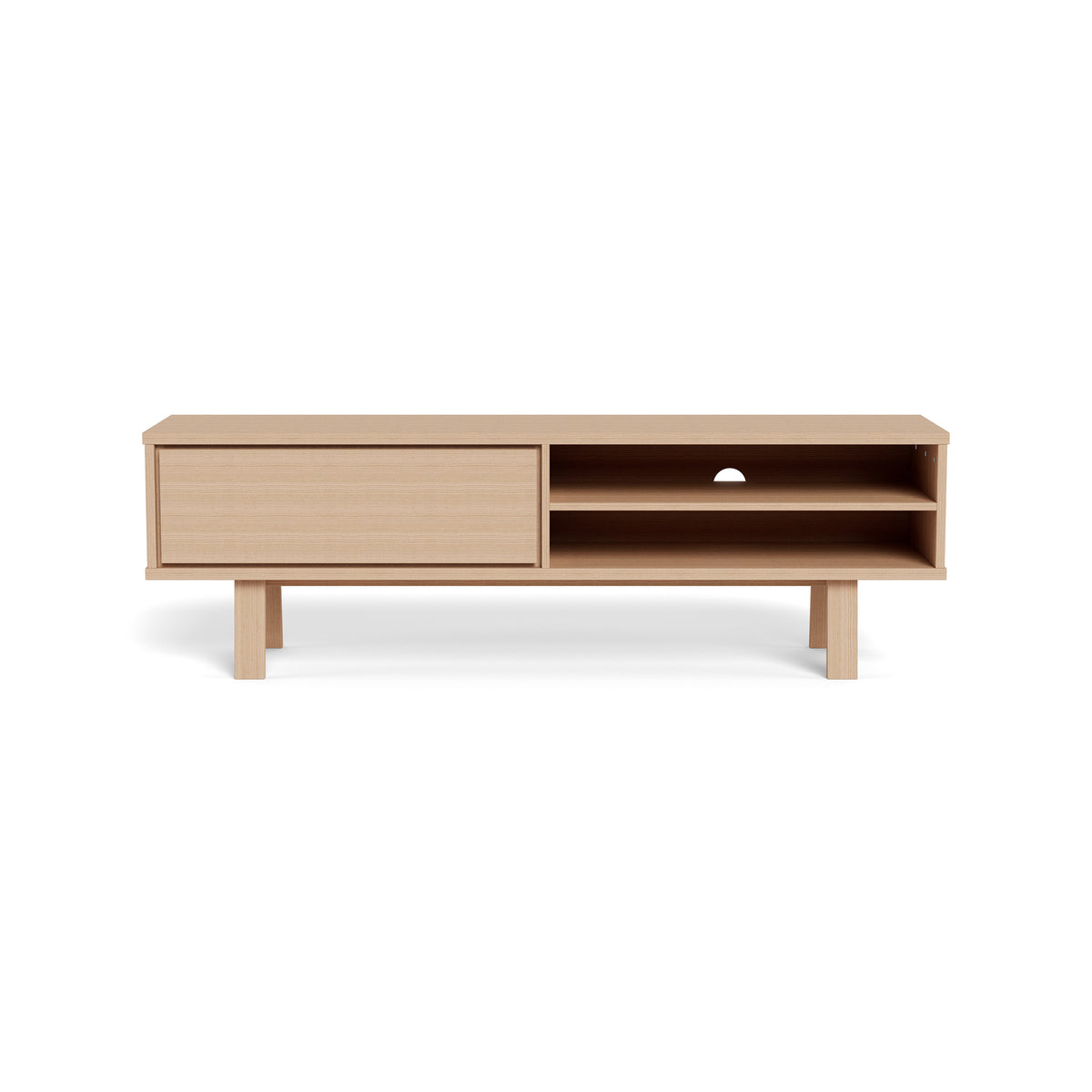 Lurisse TV cabinet 160x50, bleached oak – front view, handle-less drawer and compartments with cable openings