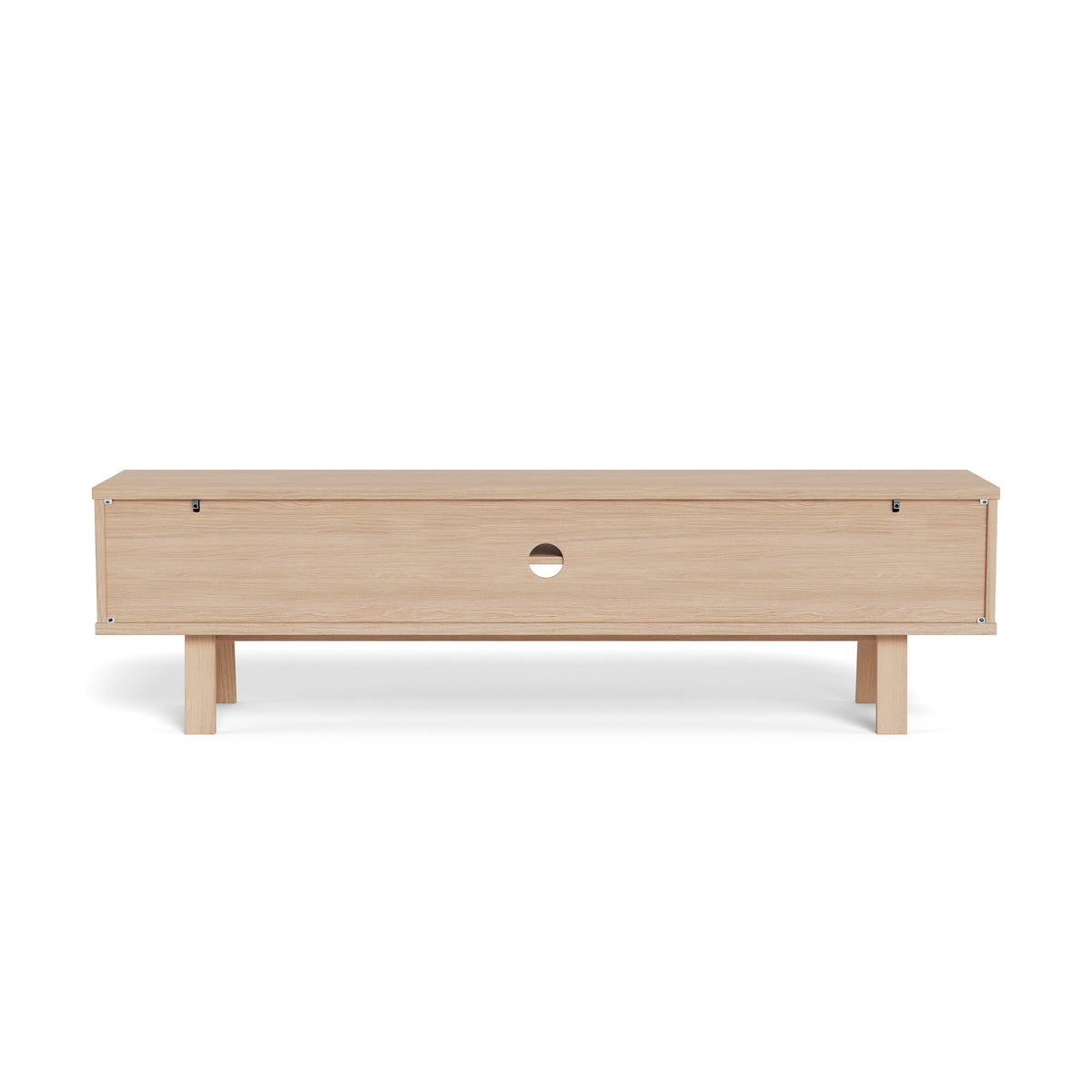 Lurisse TV cabinet, 180x50, bleached oak – rear view showing the back panel with a round opening