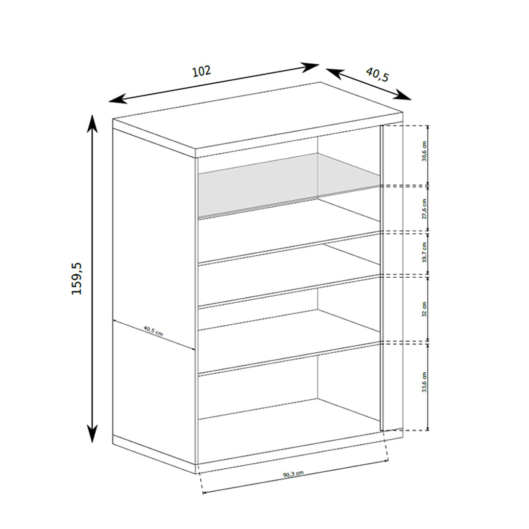 Korin display cabinet 102x160 – dimension drawing with width, height and depth