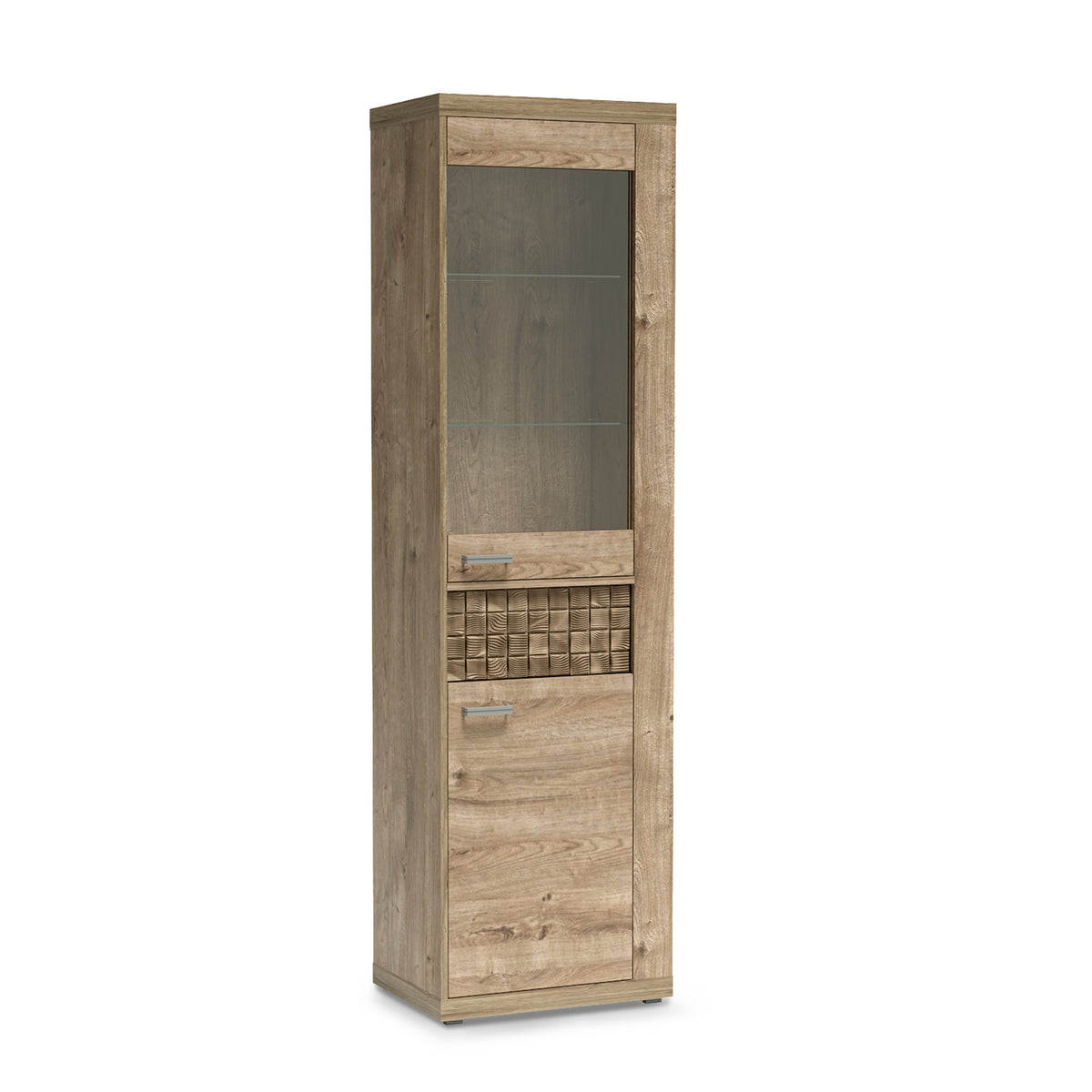 Korin display cabinet 201x57 in oak – narrow display cabinet with a glass door and glass shelves, angled view