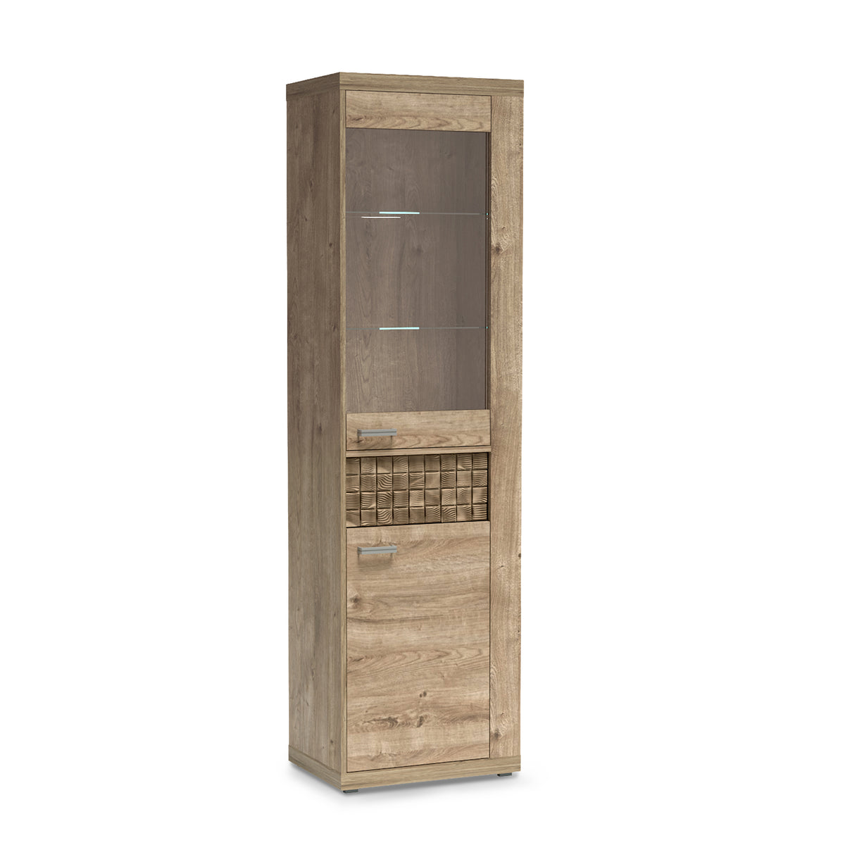Korin display cabinet 201x57 in oak with shelf LED – lit glass shelves, angled view