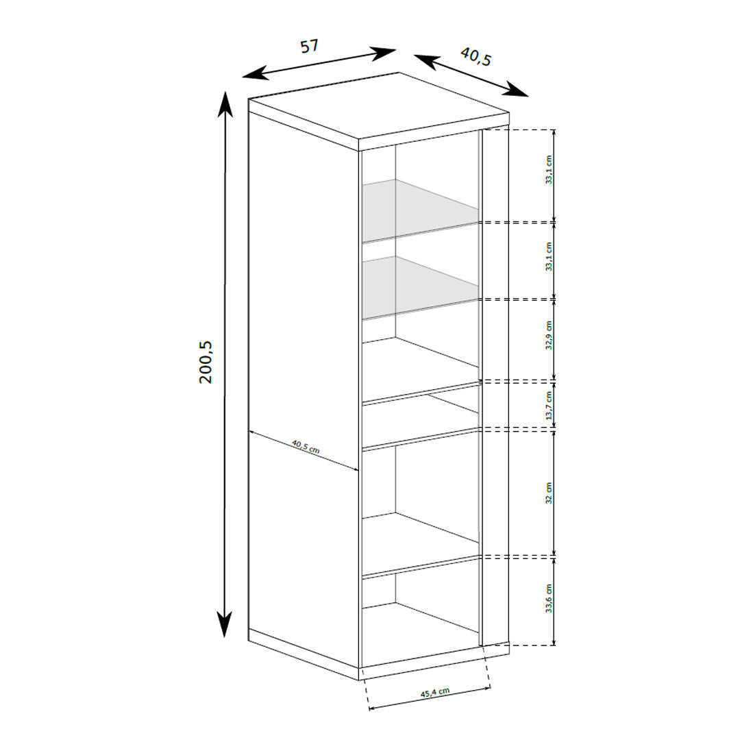 Korin display cabinet 201x57 – dimension drawing with width, height and depth