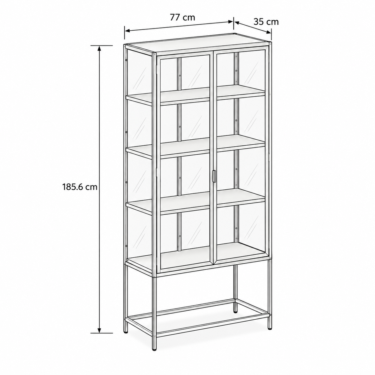 Skeleto 77x186 display cabinet – dimensional drawing showing width, height and depth