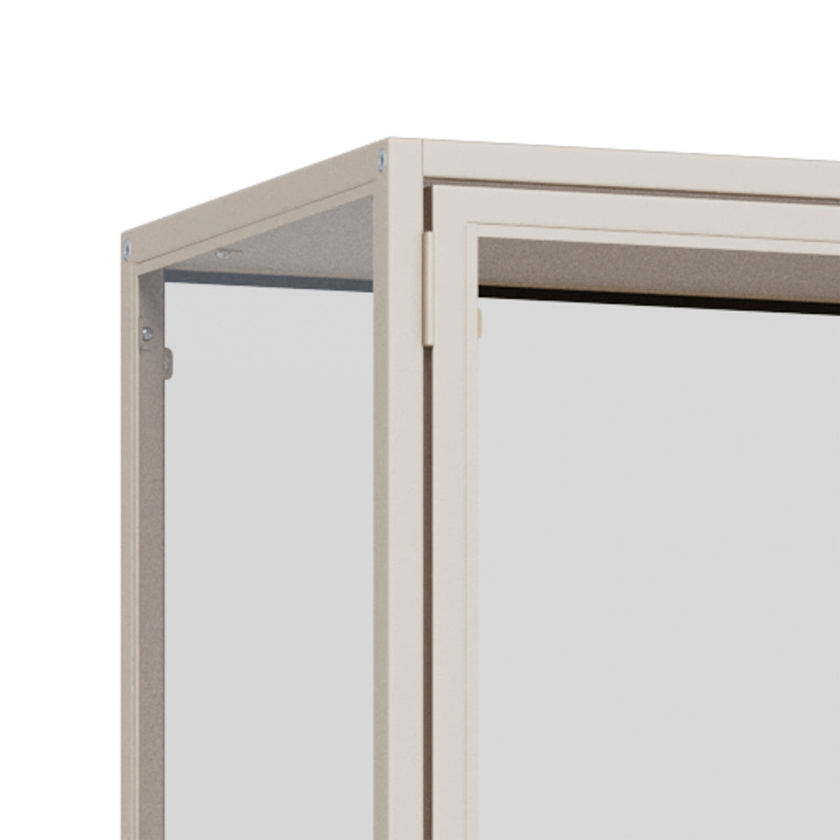 Skeleto 77x186 Grey Melamine Display Cabinet – detail of the corner of the frame and the door hinge with toughened glass
