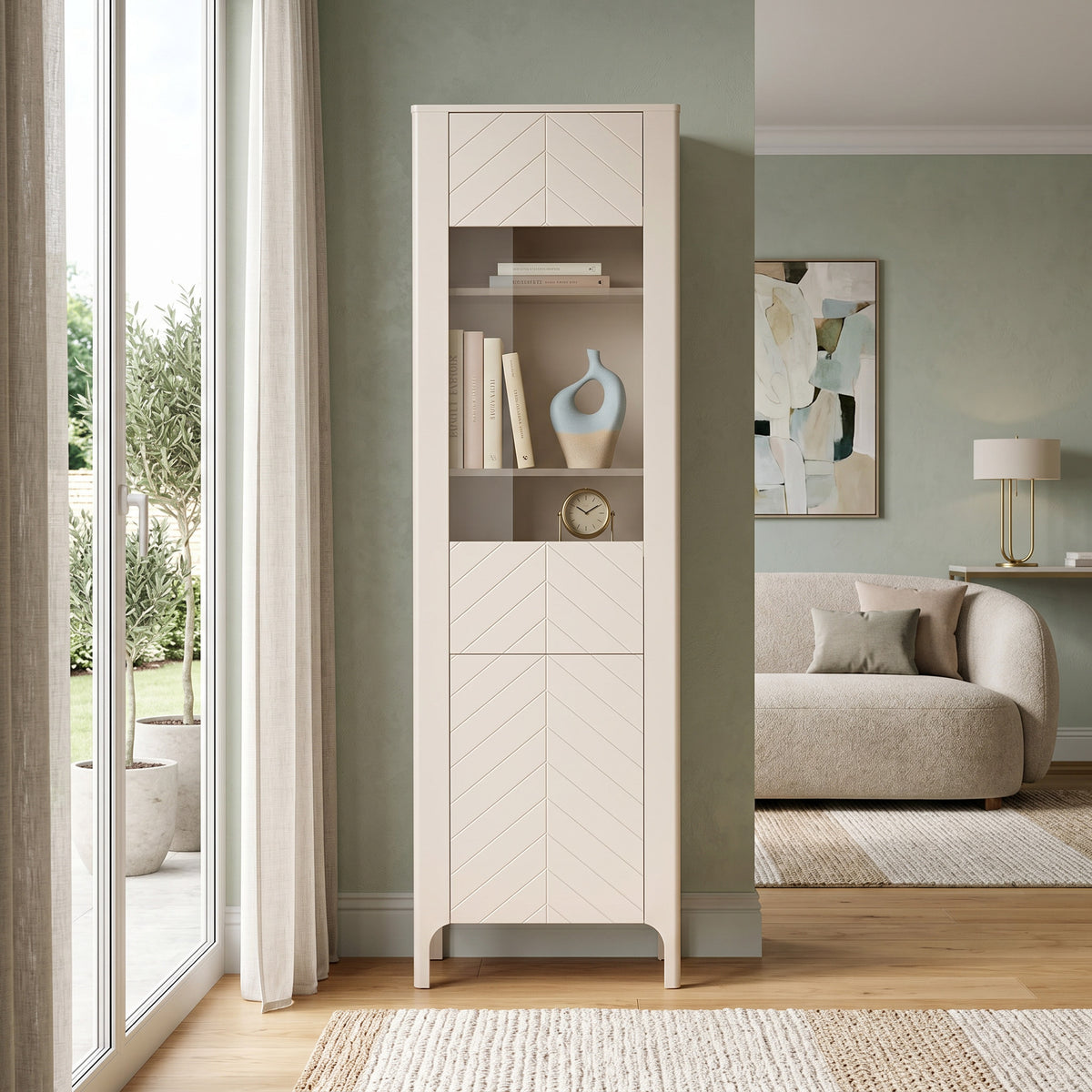 Tall EKLIPSO display cabinet 60x197 with glazing in a modern style, colour Cashmere – in an interior setting | Pillovely