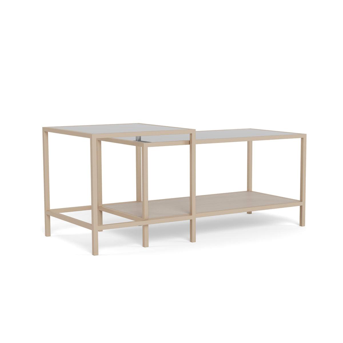 Set of 2 Skeleto coffee tables (90x45 and 50x50) with bevelled edges – glass tops, the smaller table slides over the larger one
