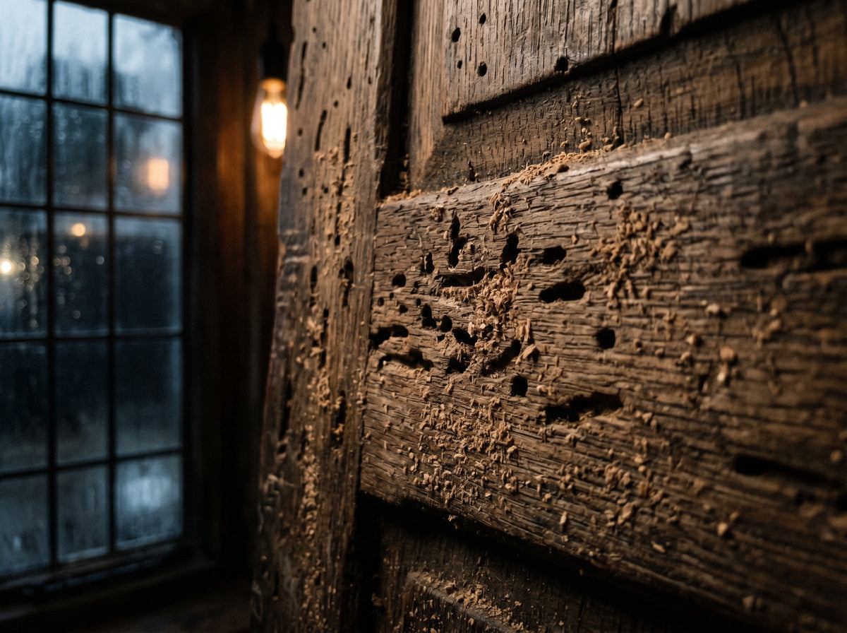Woodworm – exit holes and wood dust in old furniture
