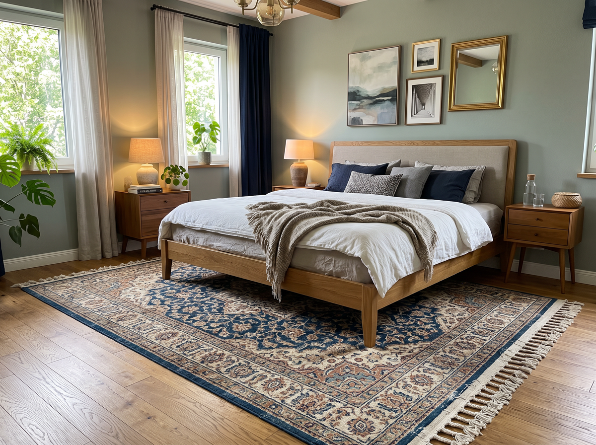 Bedroom rug ideas – large soft rug placed partly under the bed