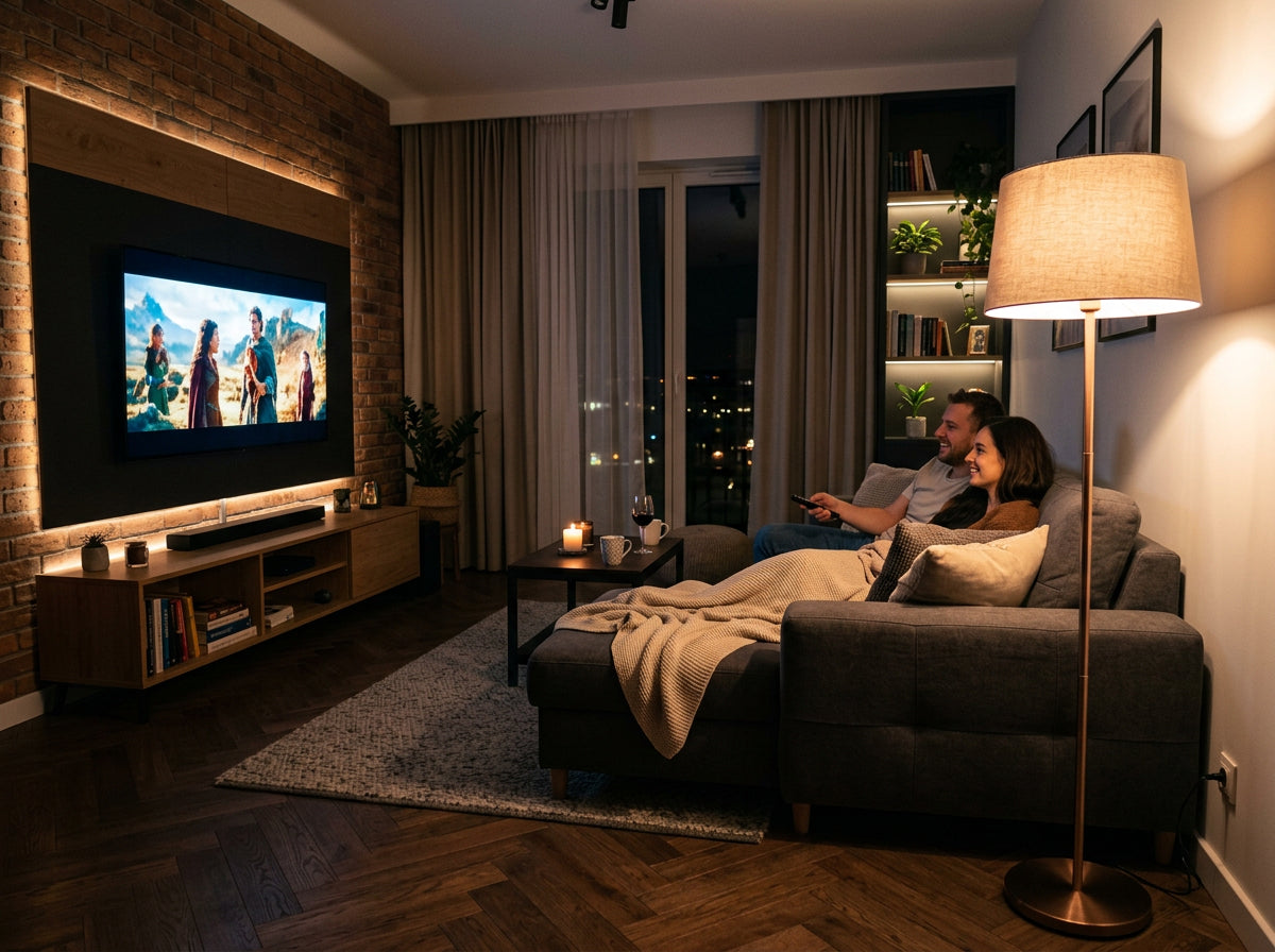 Living room lighting ideas – warm floor lamp next to the sofa and softly lit TV area