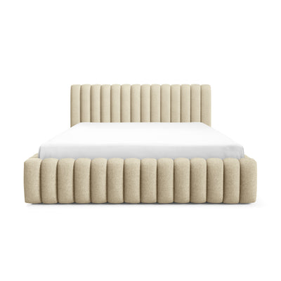 Upholstered bed with storage in a modern soft style, Doha fabric | Pastel