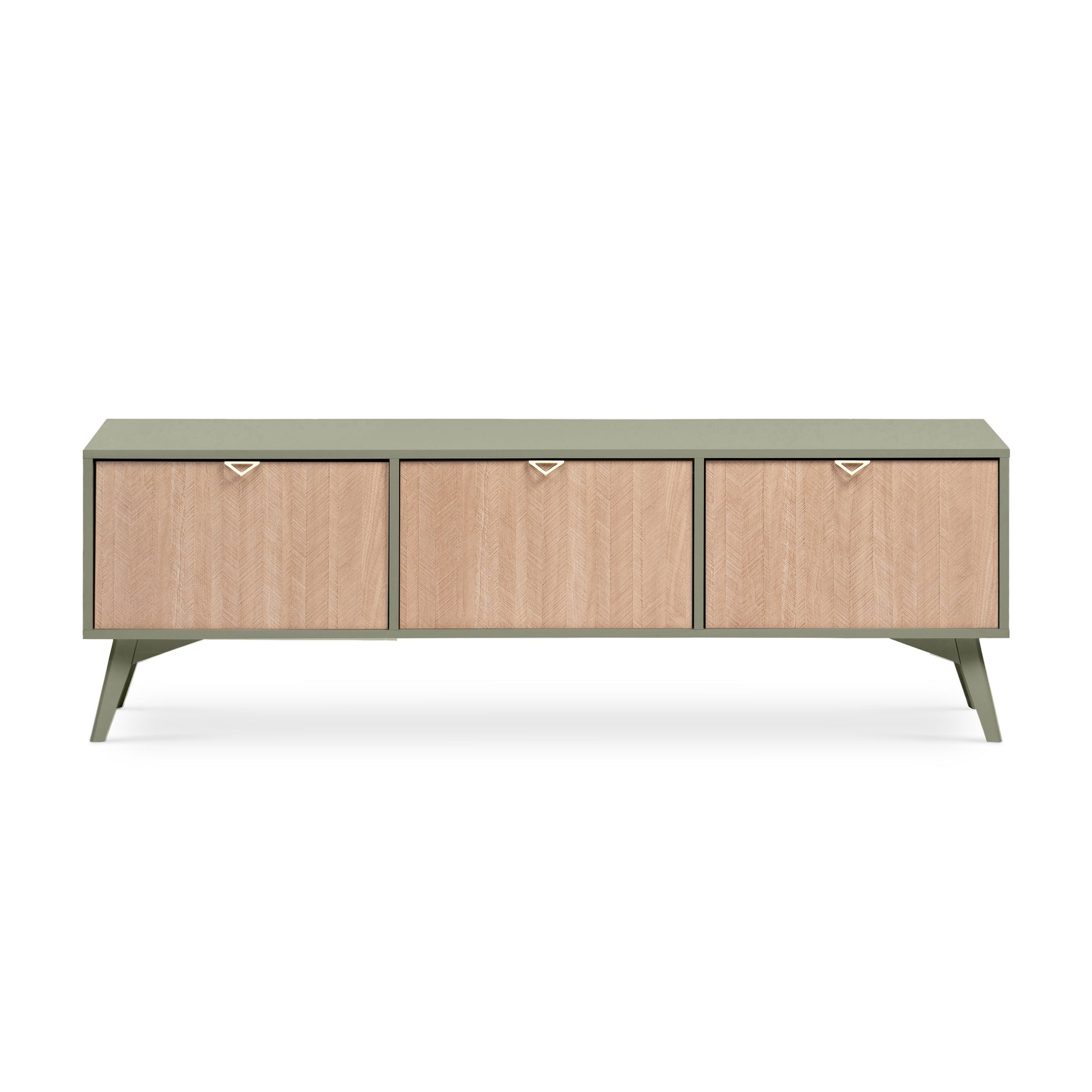 Szafka RTV 158x52 w stylu boho - fronty w jodełkę scandi, złote uchwyty, drewniane nogi | Mandala