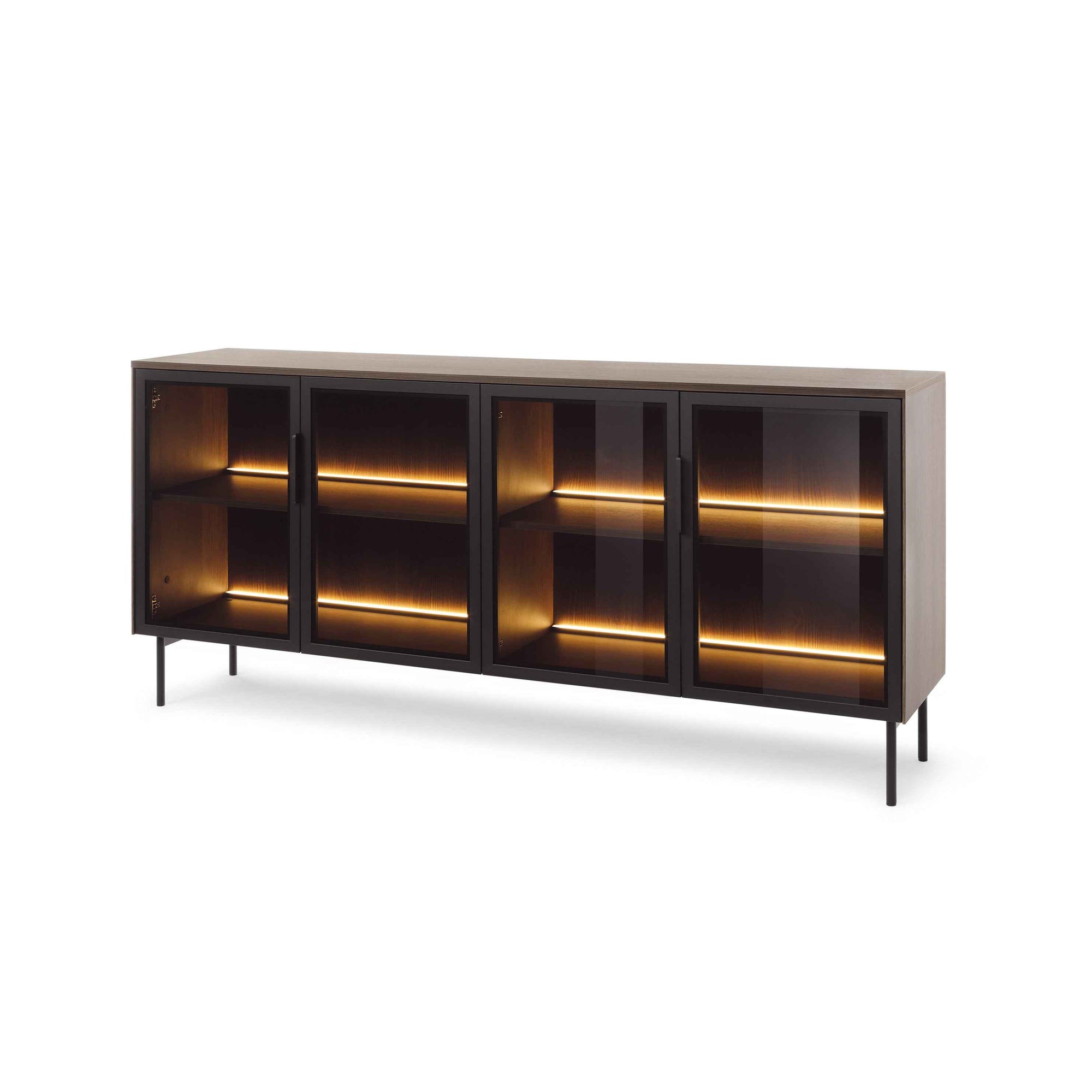 Komoda 181x82 z drzwiami w stylu eleganckim - przeszklone fronty flutes, metalowe nogi, LED | Lummer Dąb Dunin