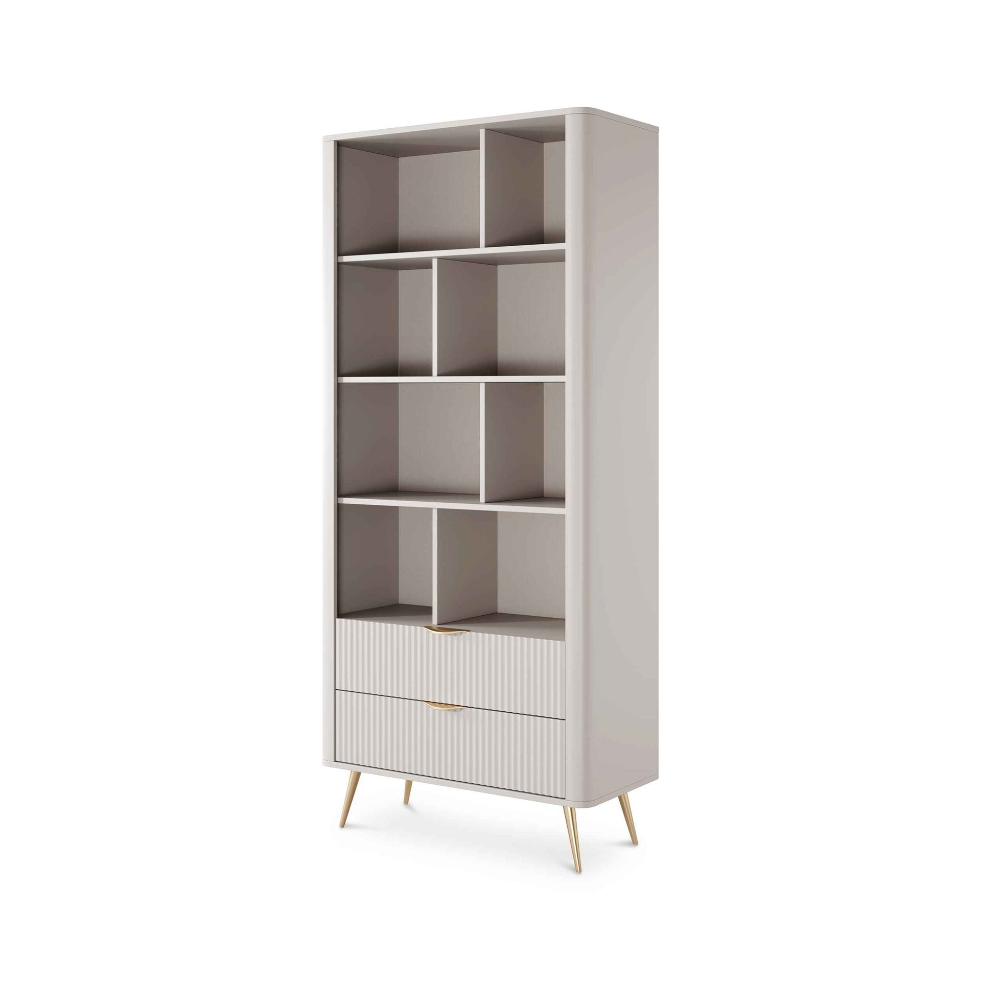 Regał 88x194 z półkami w stylu eleganckim - zaoblone krawędzie, metalowe uchwyty | Laanti