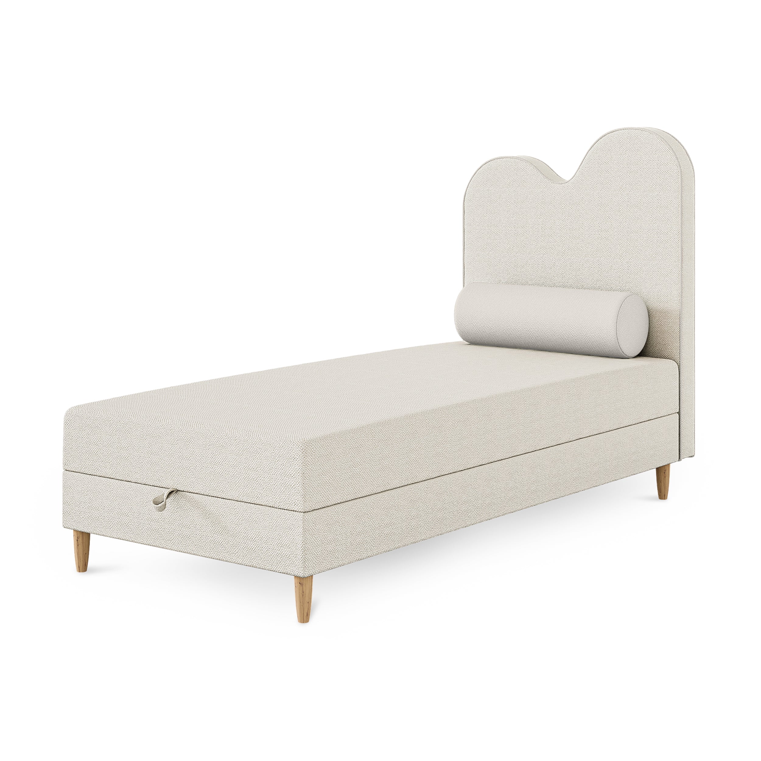 Kids continental bed with a wavy headboard and storage in a soft modern style | Mellia