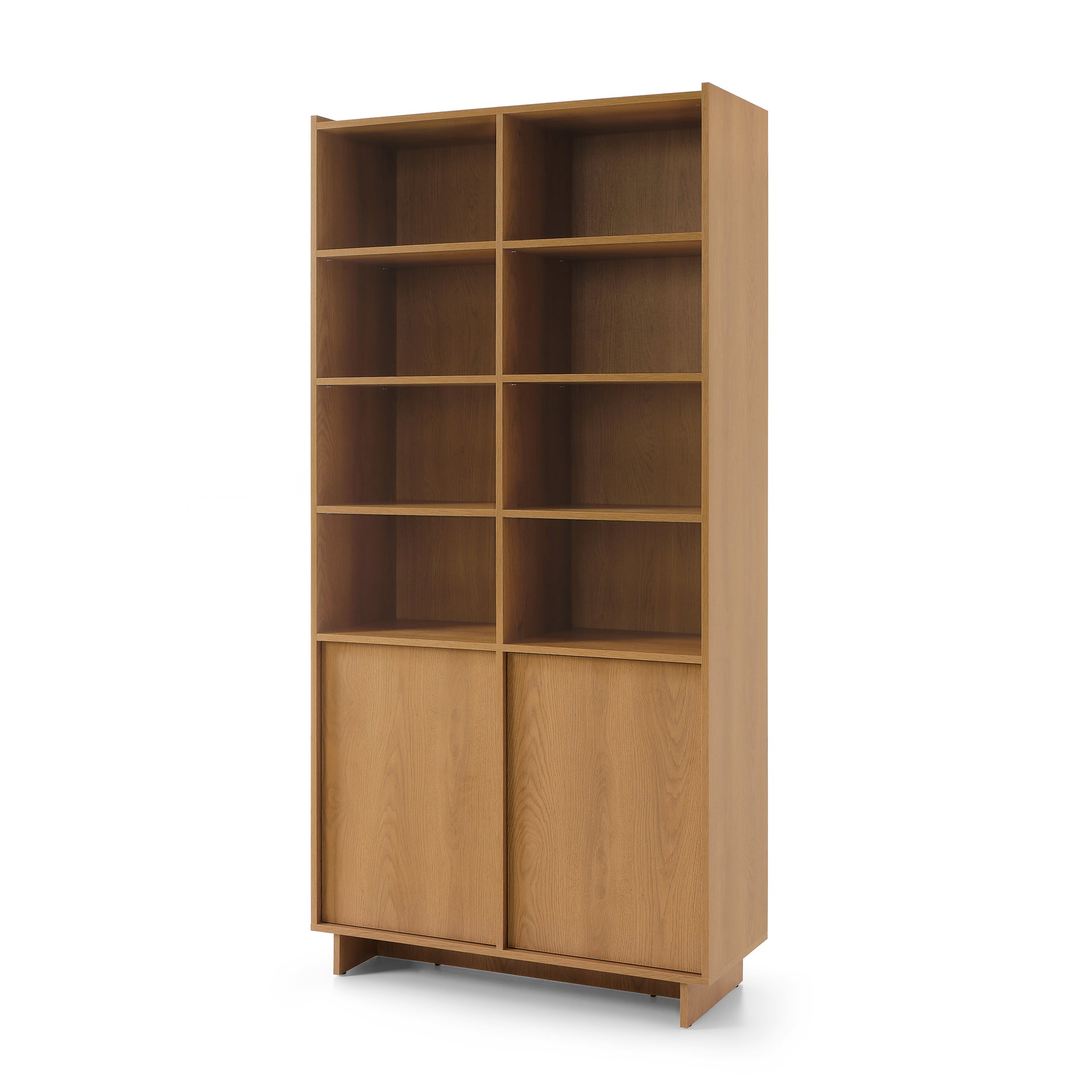 Regał wysoki 98x201 z drzwiami i półkami w stylu japandi - dąb karmel, push-to-open | Kiyro