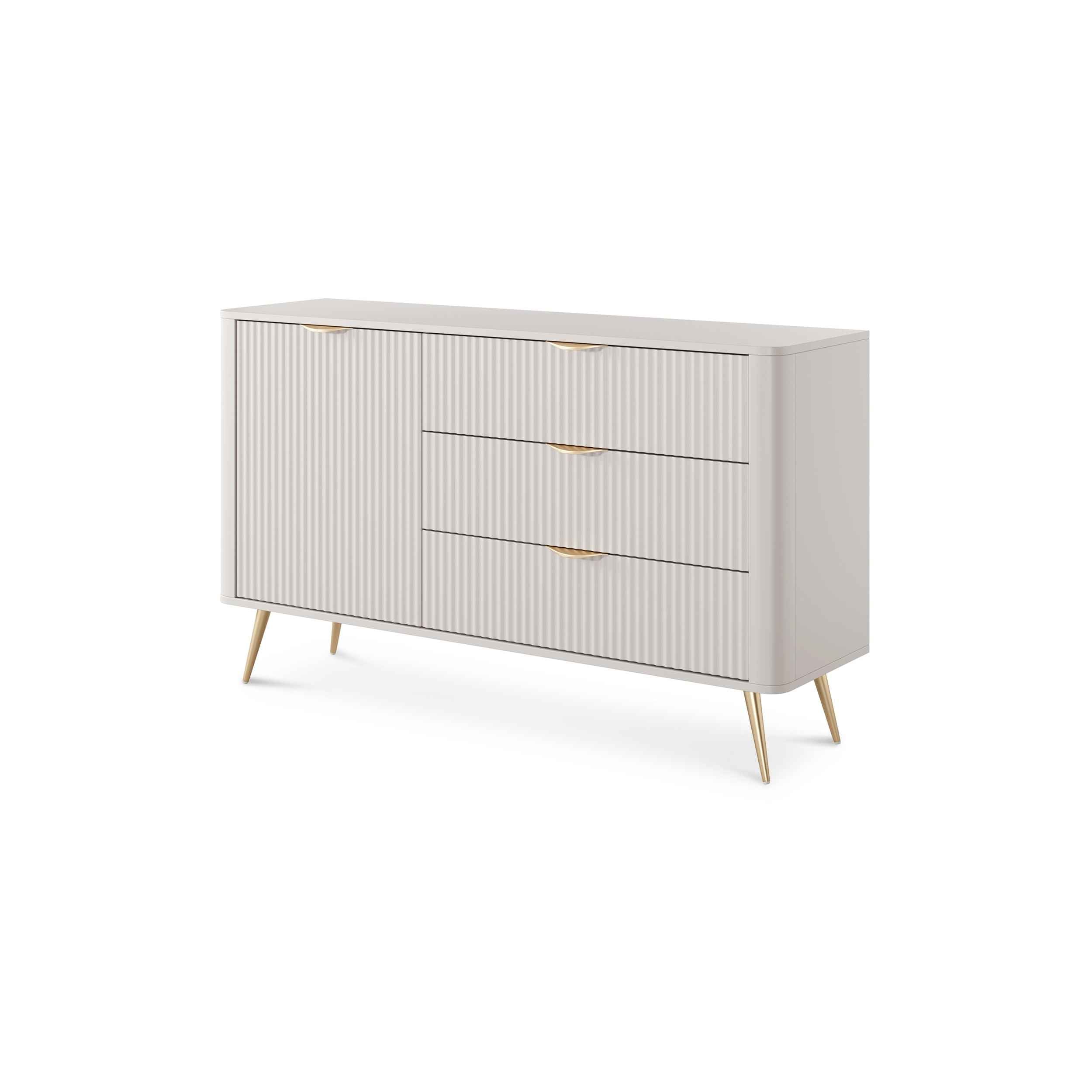 Komoda 138x81 z szufladami i drzwiami w stylu eleganckim - ryflowane fronty, metalowe nogi, 3 szuflady | Laanti Beż