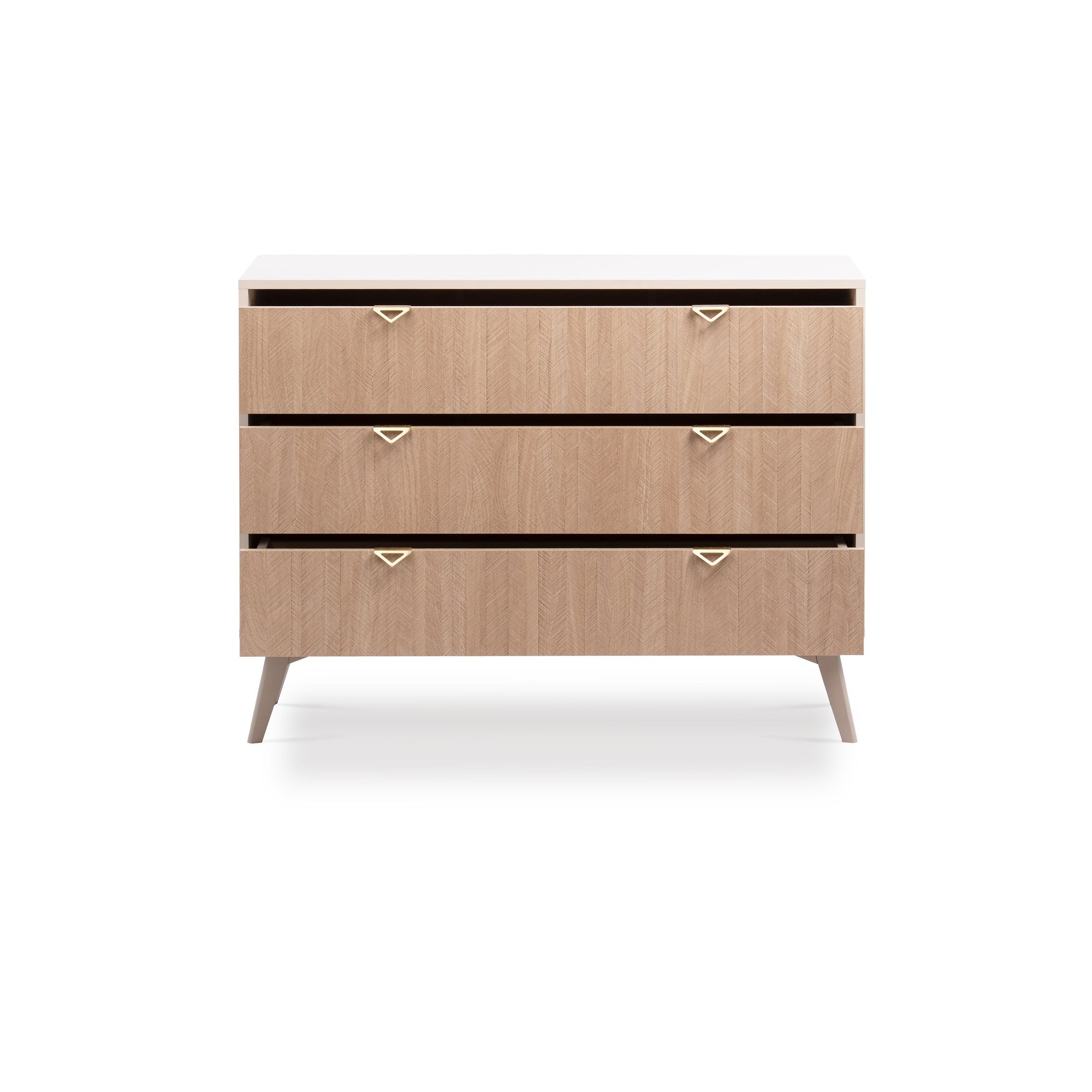 Komoda z szufladami 106x80 w stylu japandi - jodełka, złote uchwyty, drewniane nogi | Mandala