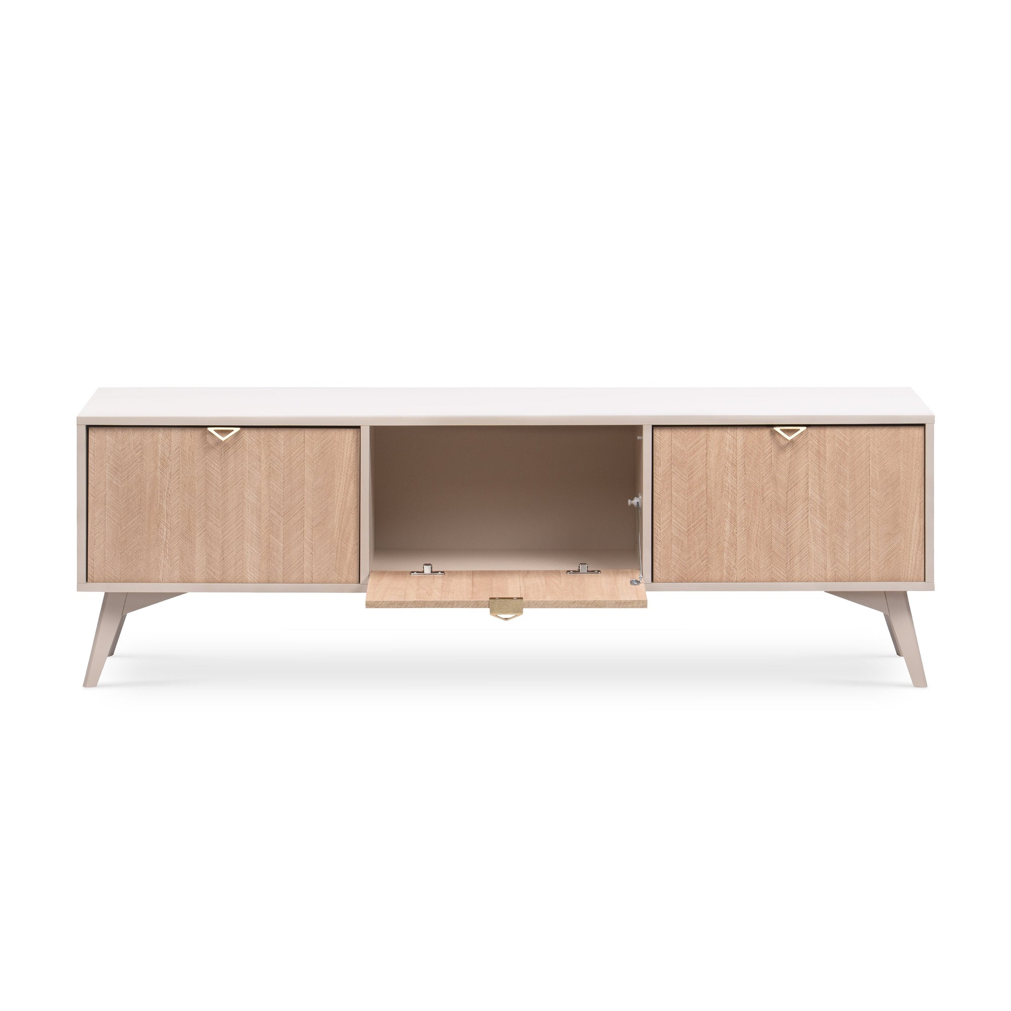 Szafka RTV 158x52 w stylu boho - fronty w jodełkę scandi, złote uchwyty, drewniane nogi | Mandala