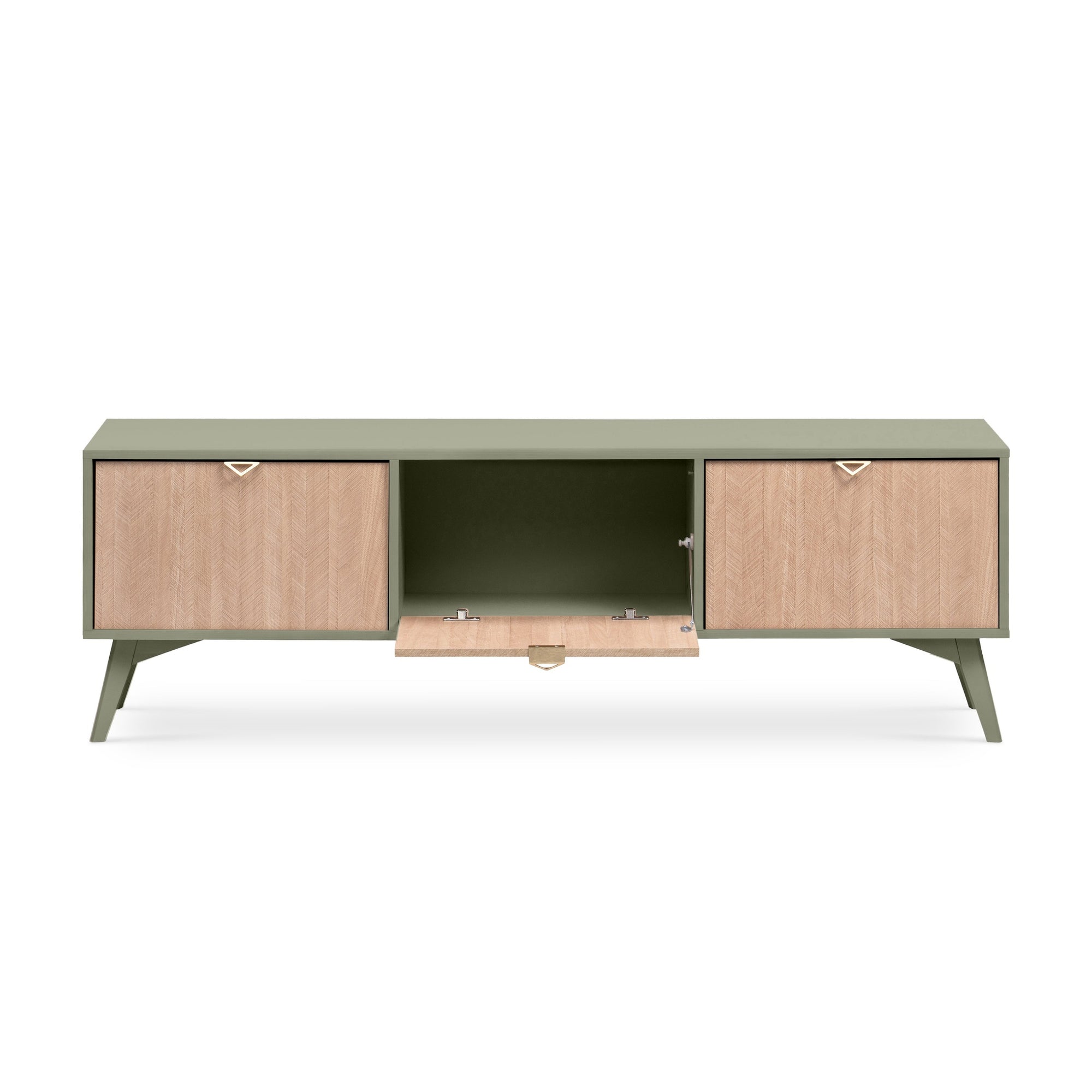 Szafka RTV 158x52 w stylu boho - fronty w jodełkę scandi, złote uchwyty, drewniane nogi | Mandala