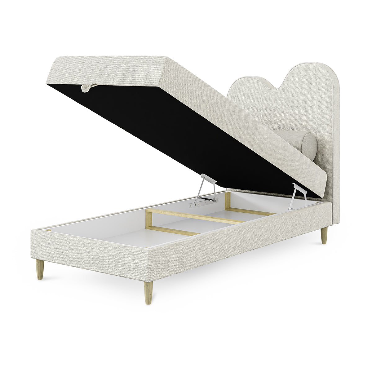 Kids continental bed with a wavy headboard and storage in a soft modern style | Mellia
