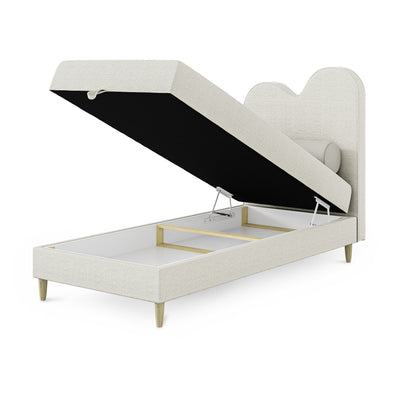 Kids continental bed with a wavy headboard and storage in a soft modern style | Mellia