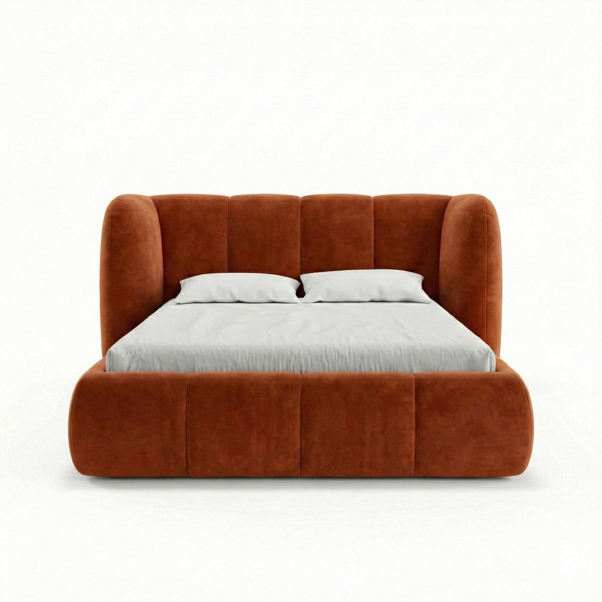 Upholstered bed with vertical tufting and storage in a soft modern style | Ventara
