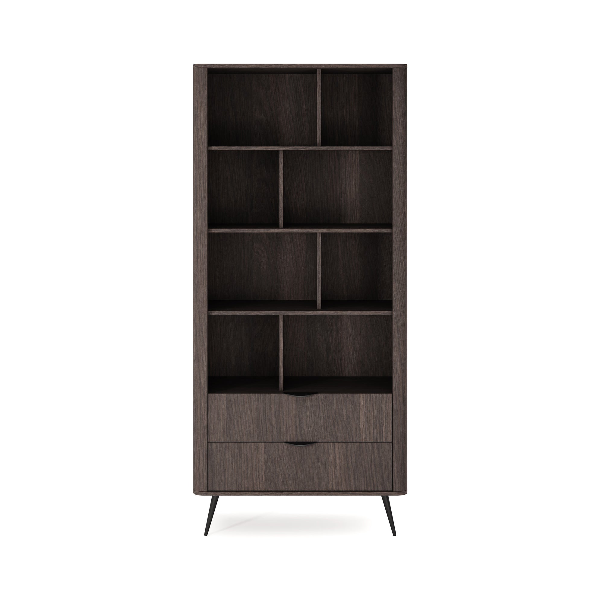Regał 88x194 z otwartymi półkami i szufladami w stylu soft loft - dąb dunin, czarne uchwyty, ryflowany detal | Velia