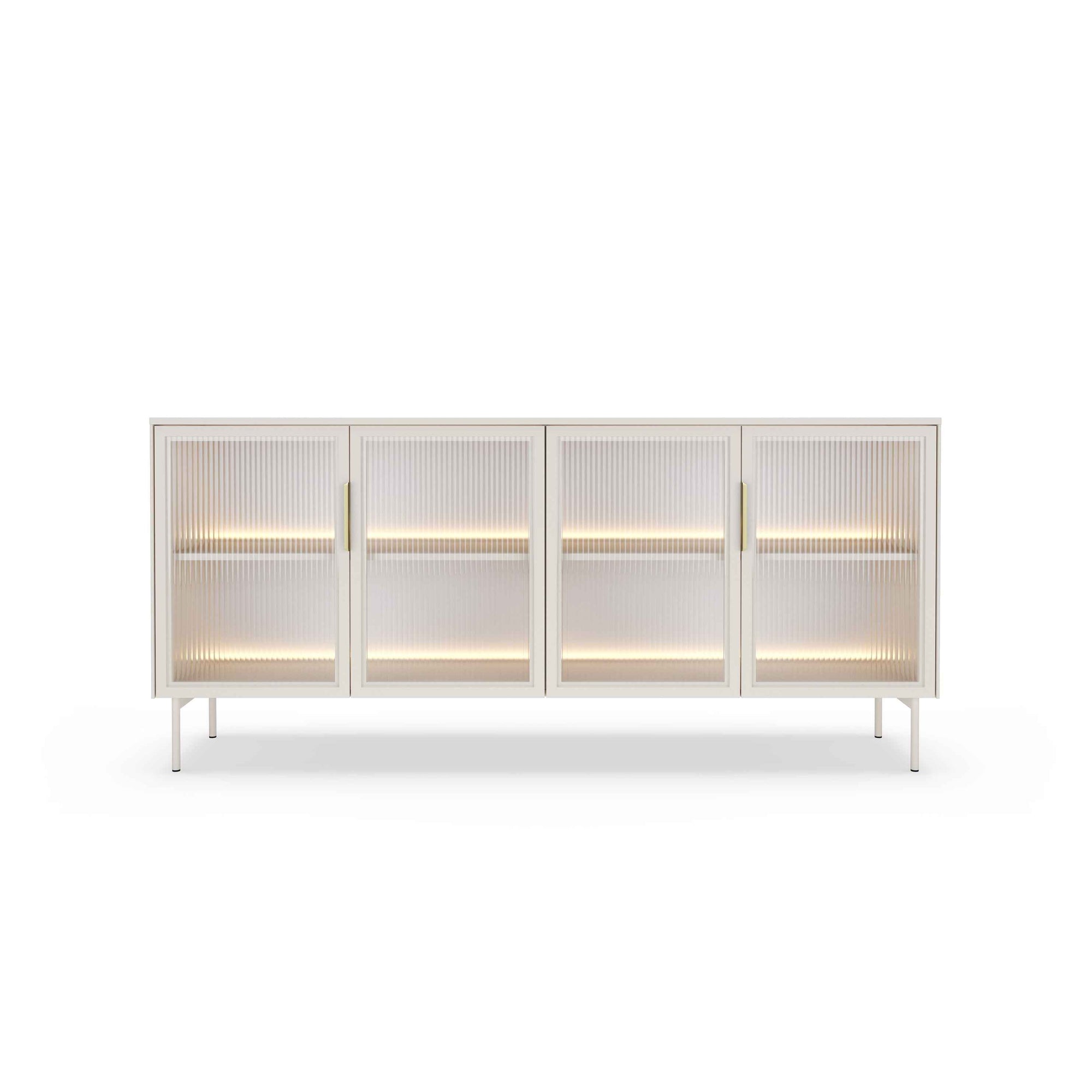 Komoda 181x82 z drzwiami w stylu eleganckim - przeszklone fronty flutes, metalowe nogi, LED | Lummer