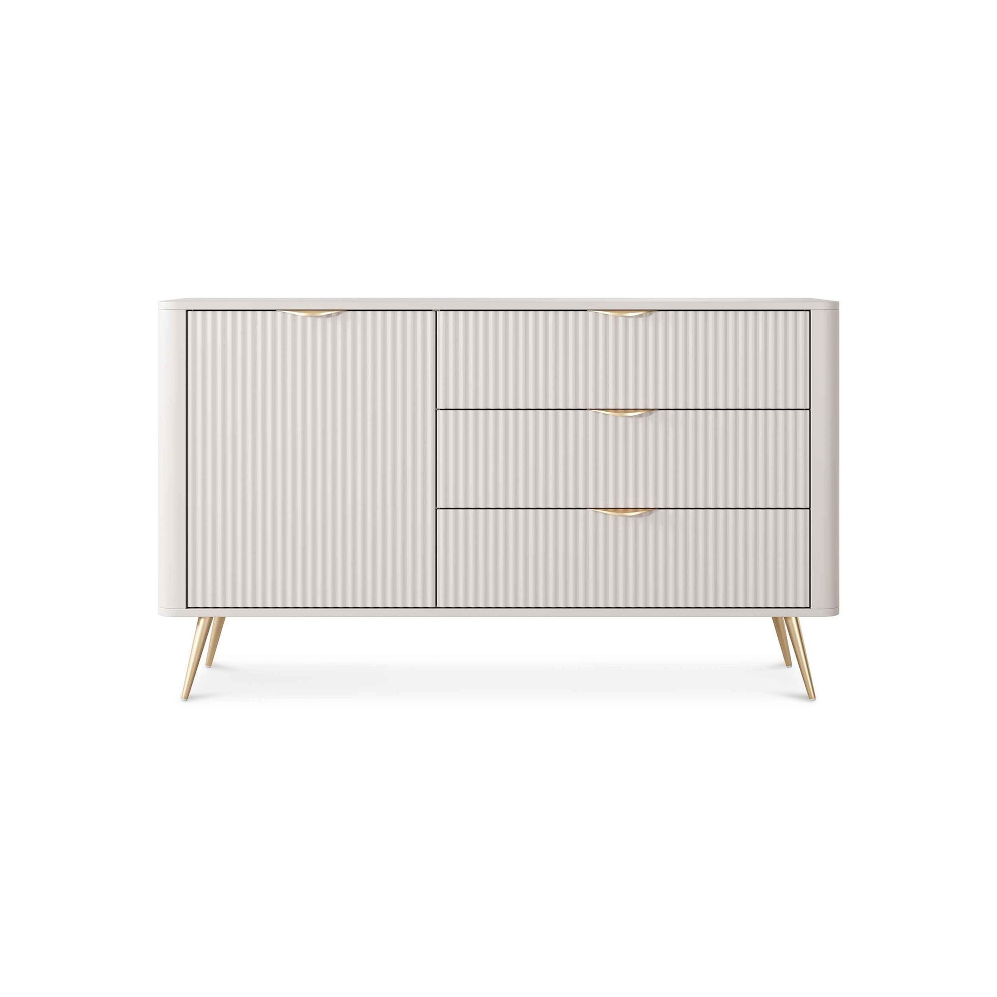Komoda 138x81 z szufladami i drzwiami w stylu eleganckim - ryflowane fronty, metalowe nogi, 3 szuflady | Laanti