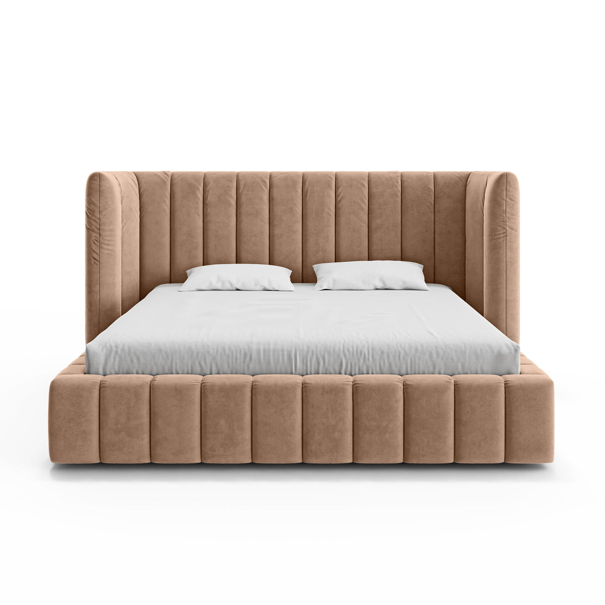 Upholstered bed with vertical tufting and storage in a modern soft style | Gianda