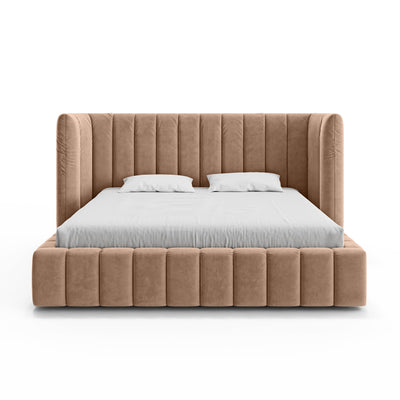 Upholstered bed with vertical tufting and storage in a modern soft style | Gianda