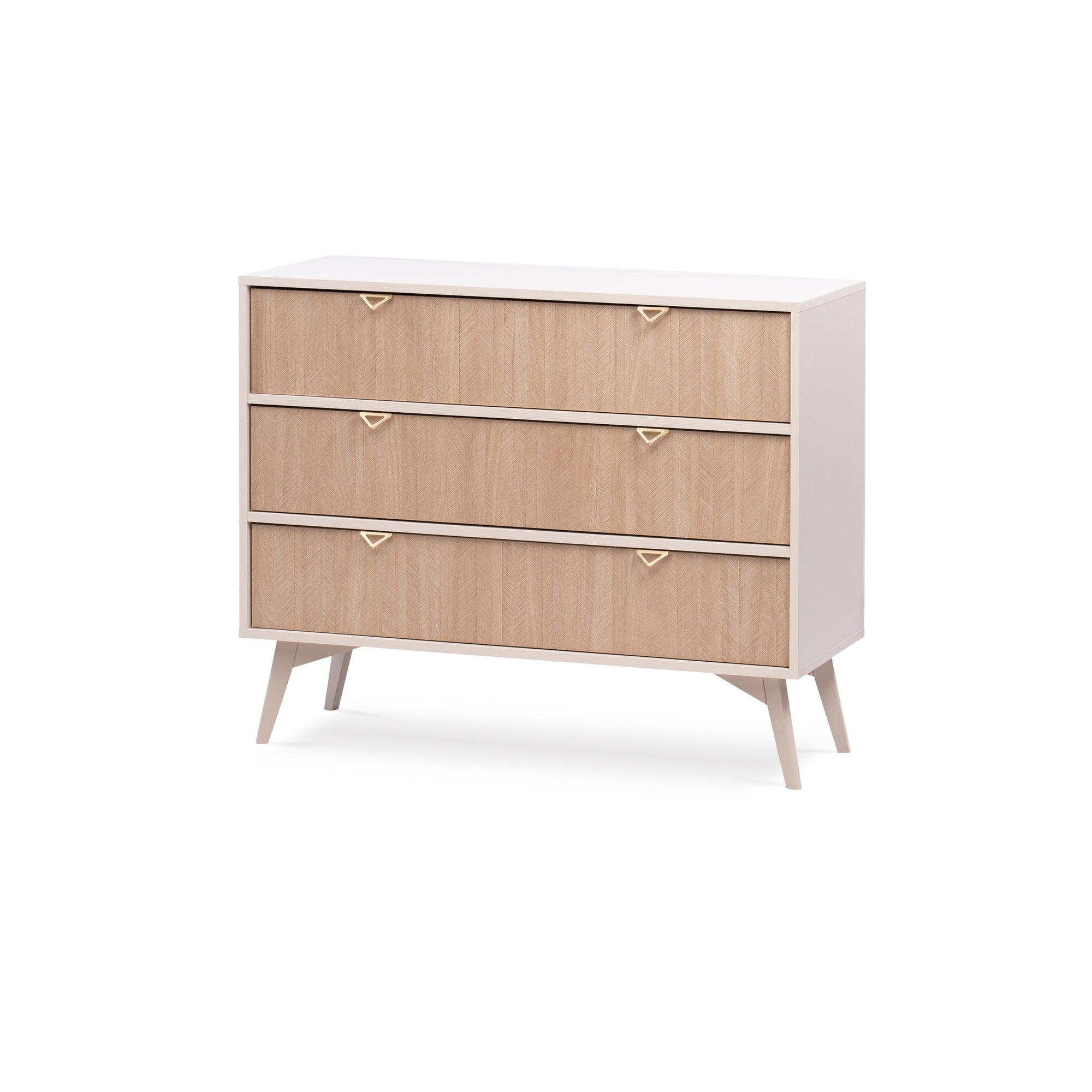 Komoda z szufladami 106x80 w stylu japandi - jodełka, złote uchwyty, drewniane nogi | Mandala Beż Piaskowy
