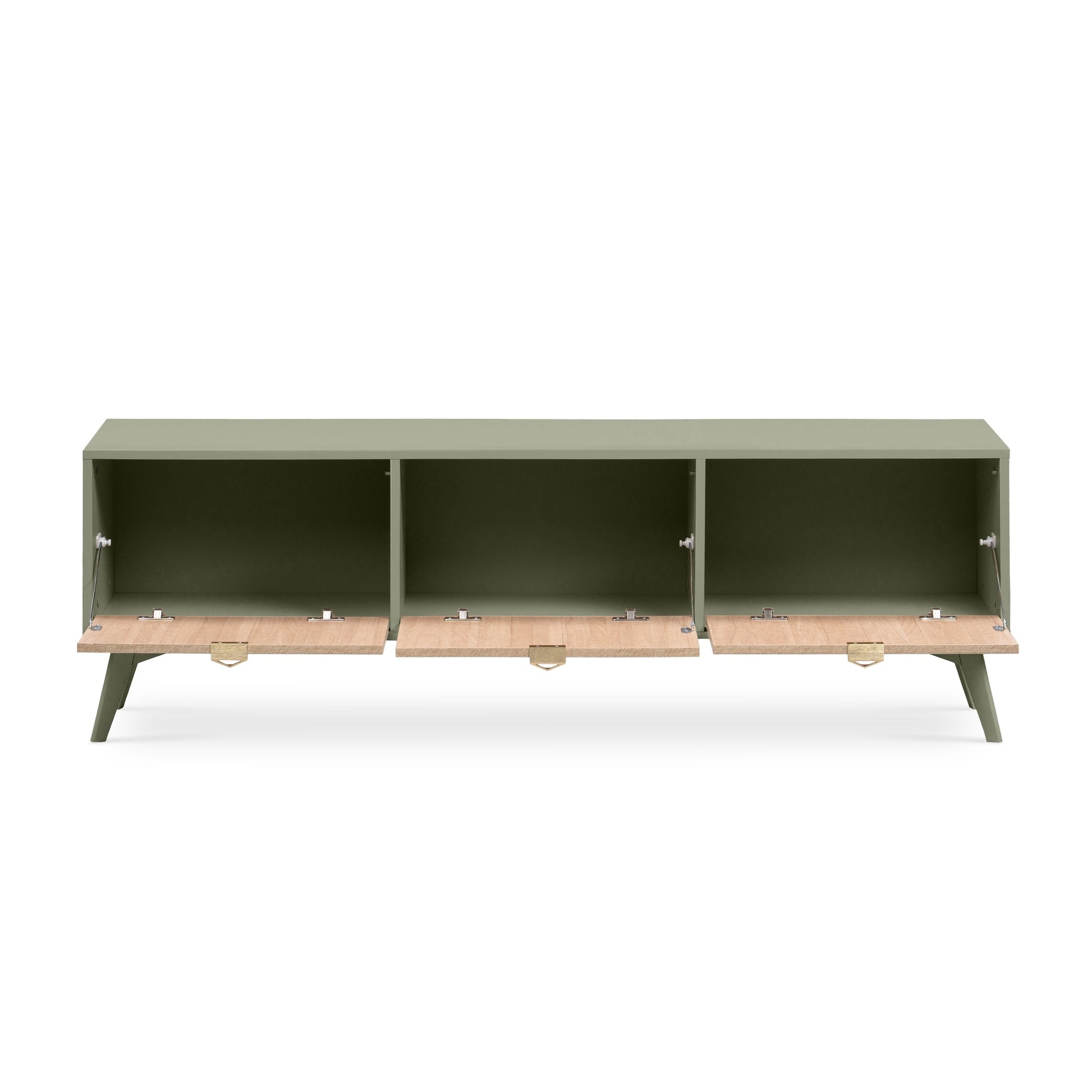 Szafka RTV 158x52 w stylu boho - fronty w jodełkę scandi, złote uchwyty, drewniane nogi | Mandala