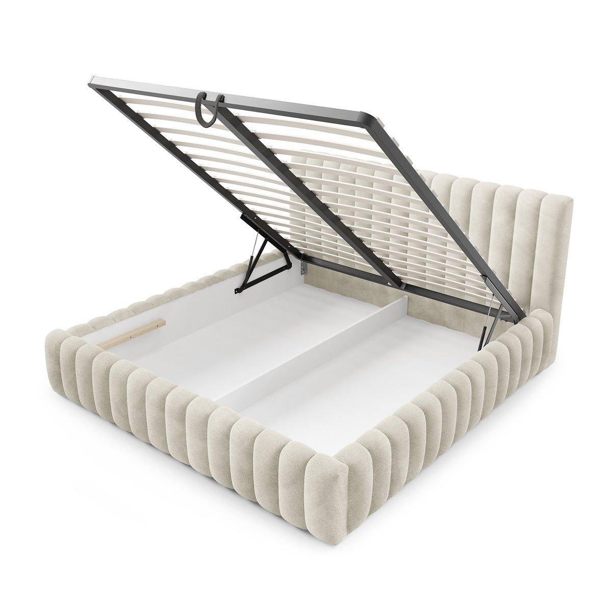 Upholstered bed with storage in a modern soft style, Coral fabric | Pastel