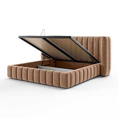 Upholstered bed with vertical tufting and storage in a modern soft style | Gianda