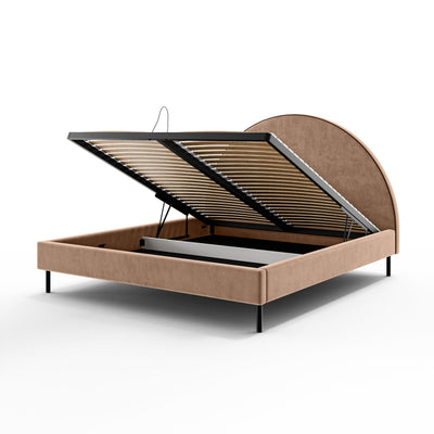 Upholstered bed with a semicircular headboard and storage in a soft modern style | Zora