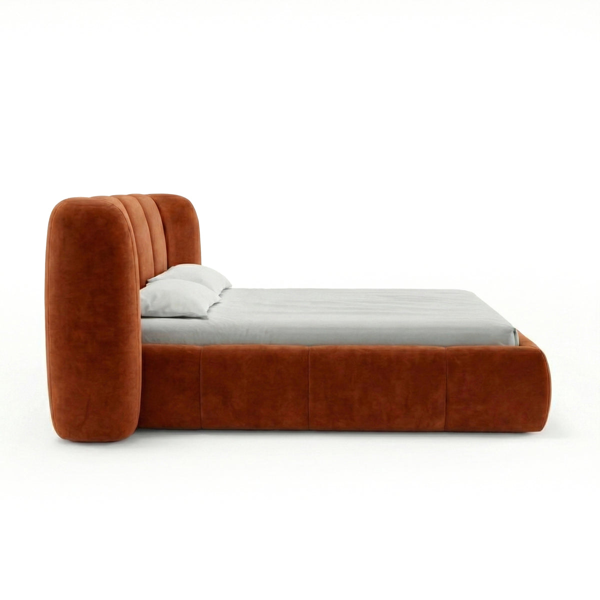 Upholstered bed with vertical tufting and storage in a soft modern style | Ventara