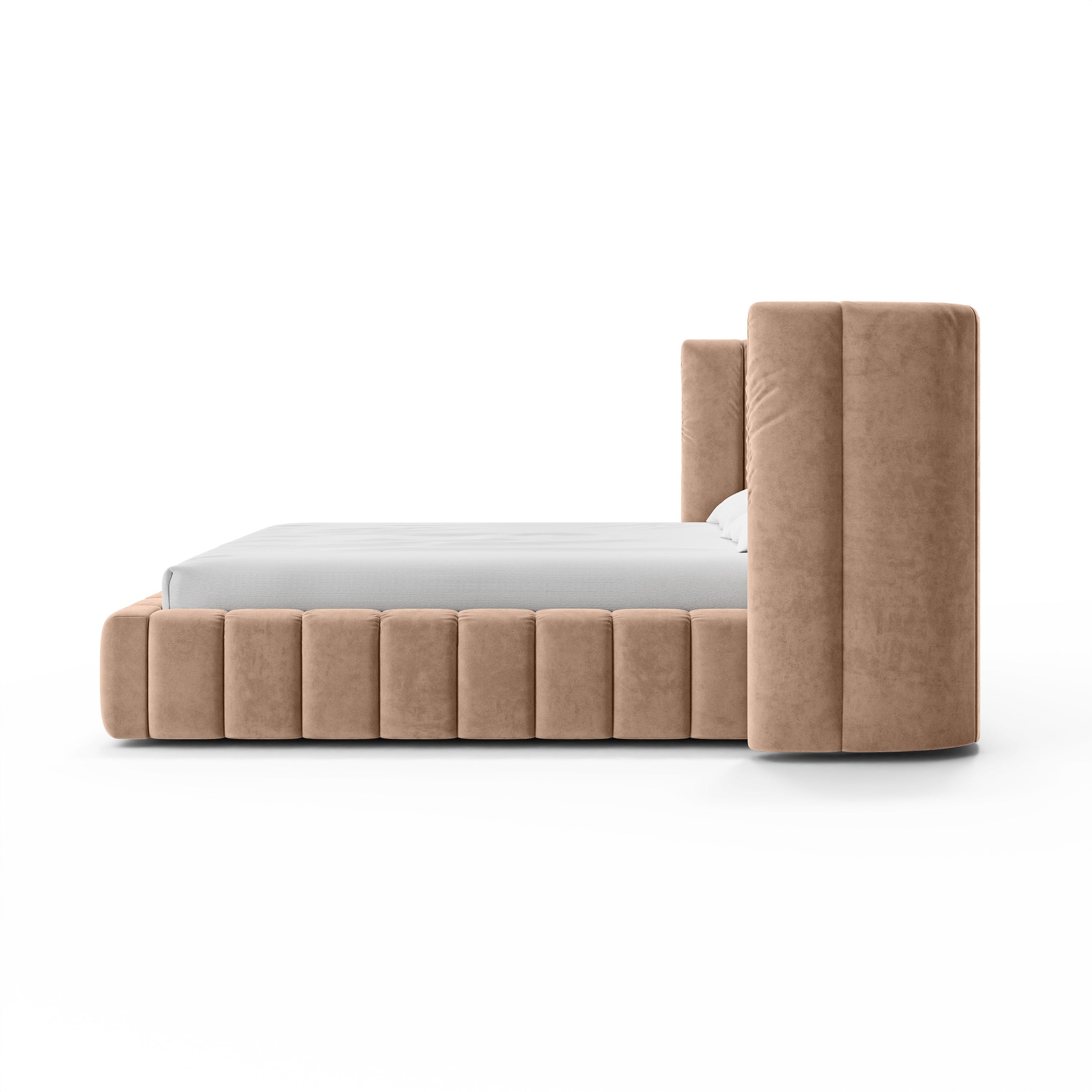 Upholstered bed with vertical tufting and storage in a modern soft style | Gianda