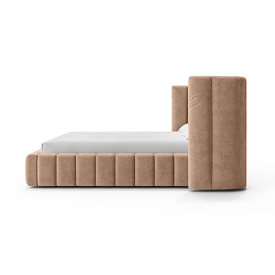 Upholstered bed with vertical tufting and storage in a modern soft style | Gianda