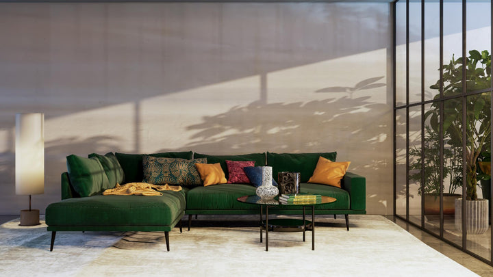 Narożnik 3-osobowy 275 cm w stylu modern classic – tkanina POSO, pianka T35 | May