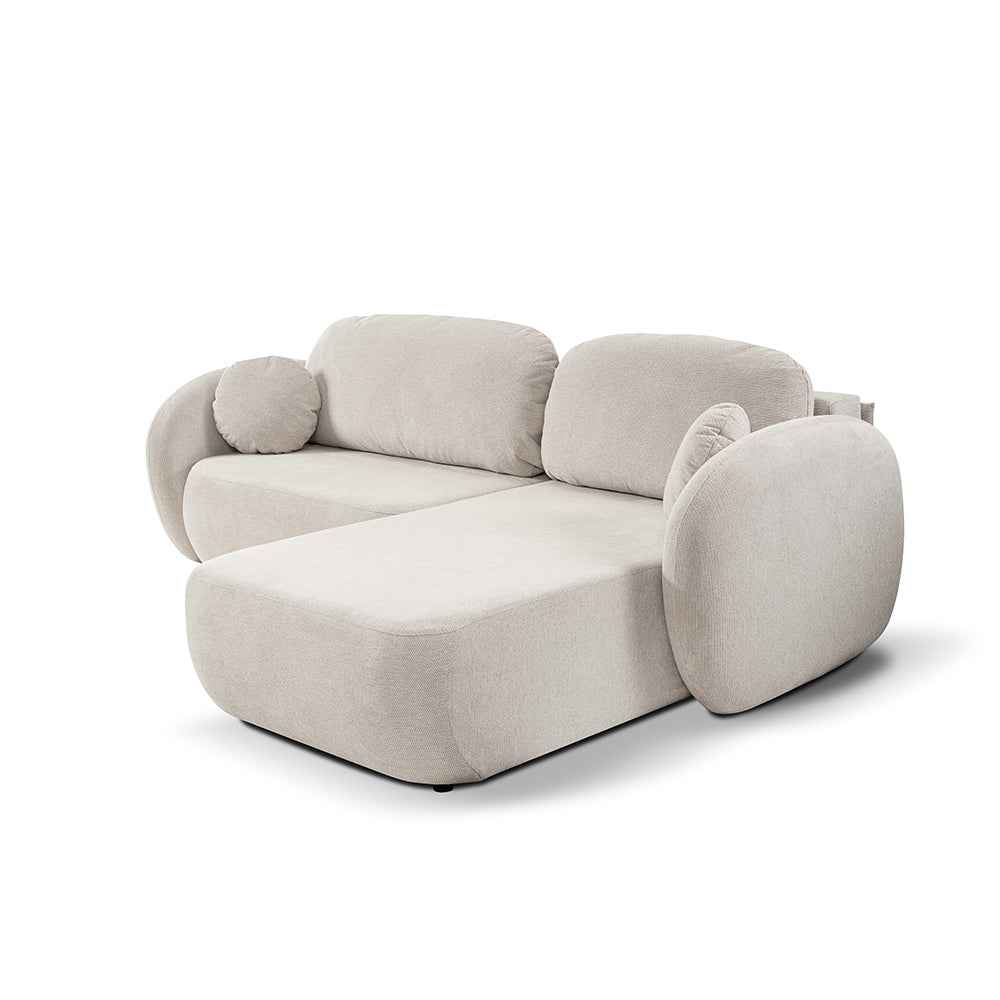 Narożnik z funkcją spania DL 248 cm w stylu nowoczesnym – tkanina Aragon, sprężyny bonell, pojemnik | OLEMO Prawostronna Kremowy Taupe (ARAGON 03)