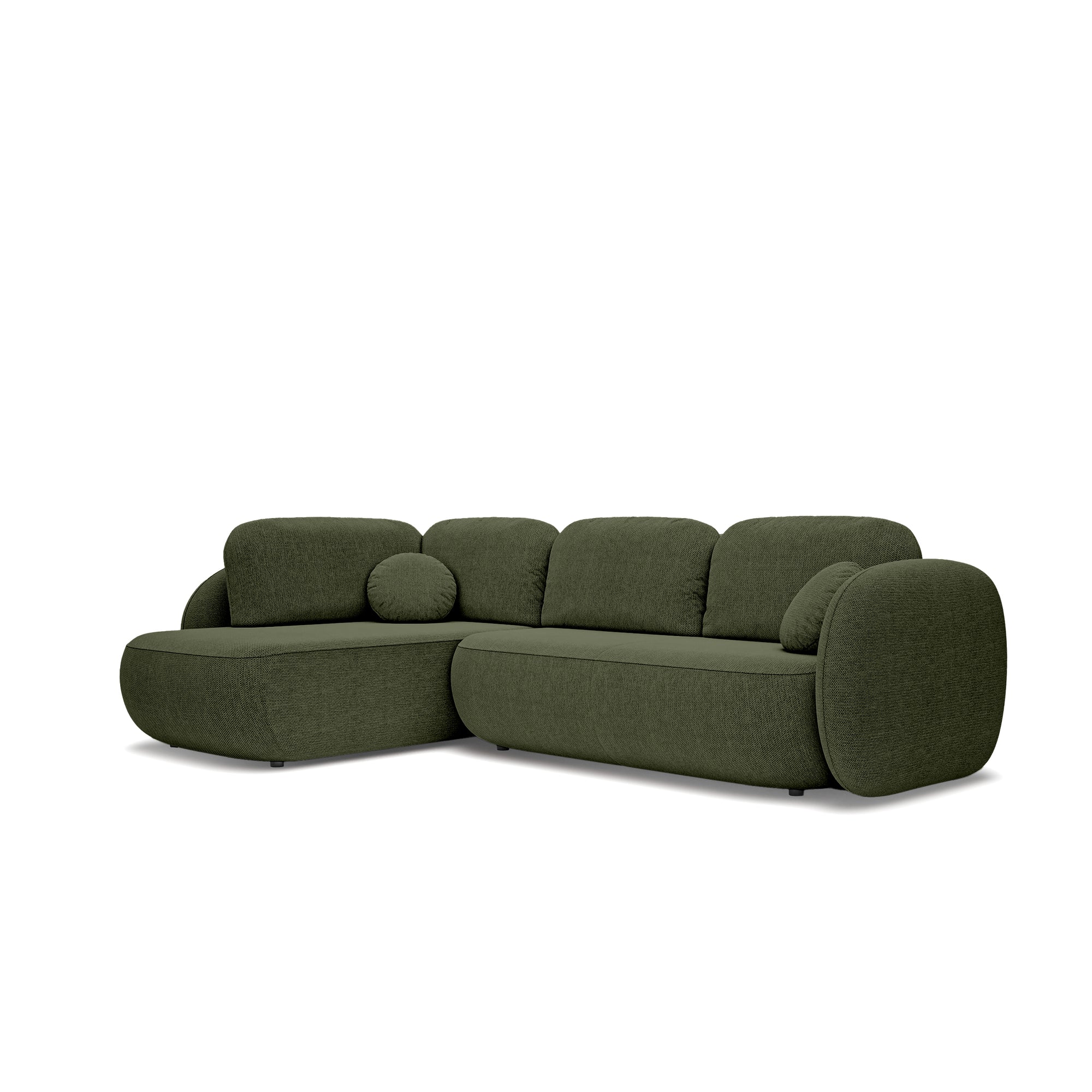 Narożnik z funkcją spania o powierzchni 123x250 w stylu organic modern - tkanina Aragon, zaokrąglona forma, dekoracyjne poduszki | OLEMO Lewostronny Cisowa Zieleń (ARAGON 39)