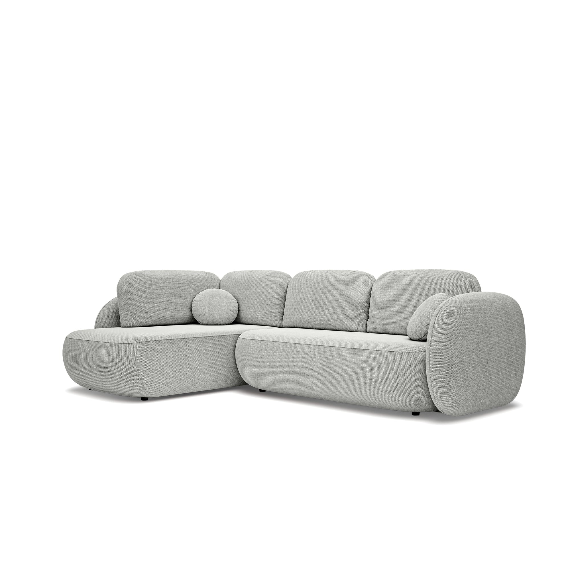 Narożnik z funkcją spania o powierzchni 123x250 w stylu organic modern - tkanina Aragon, zaokrąglona forma, dekoracyjne poduszki | OLEMO Lewostronny Chłodny Taupe (ARAGON 80)