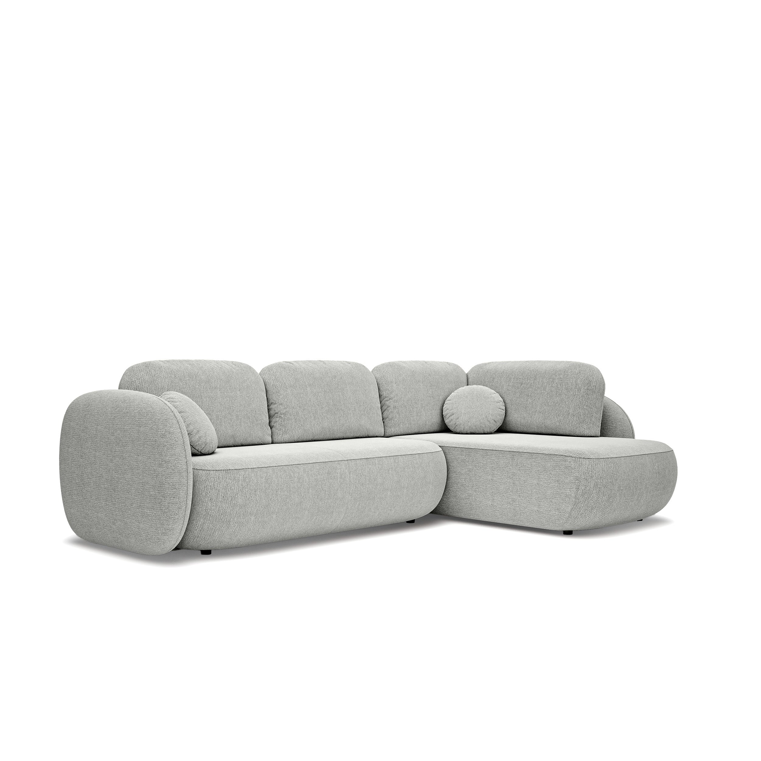 Narożnik z funkcją spania o powierzchni 123x250 w stylu organic modern - tkanina Aragon, zaokrąglona forma, dekoracyjne poduszki | OLEMO Prawostronny Chłodny Taupe (ARAGON 80)