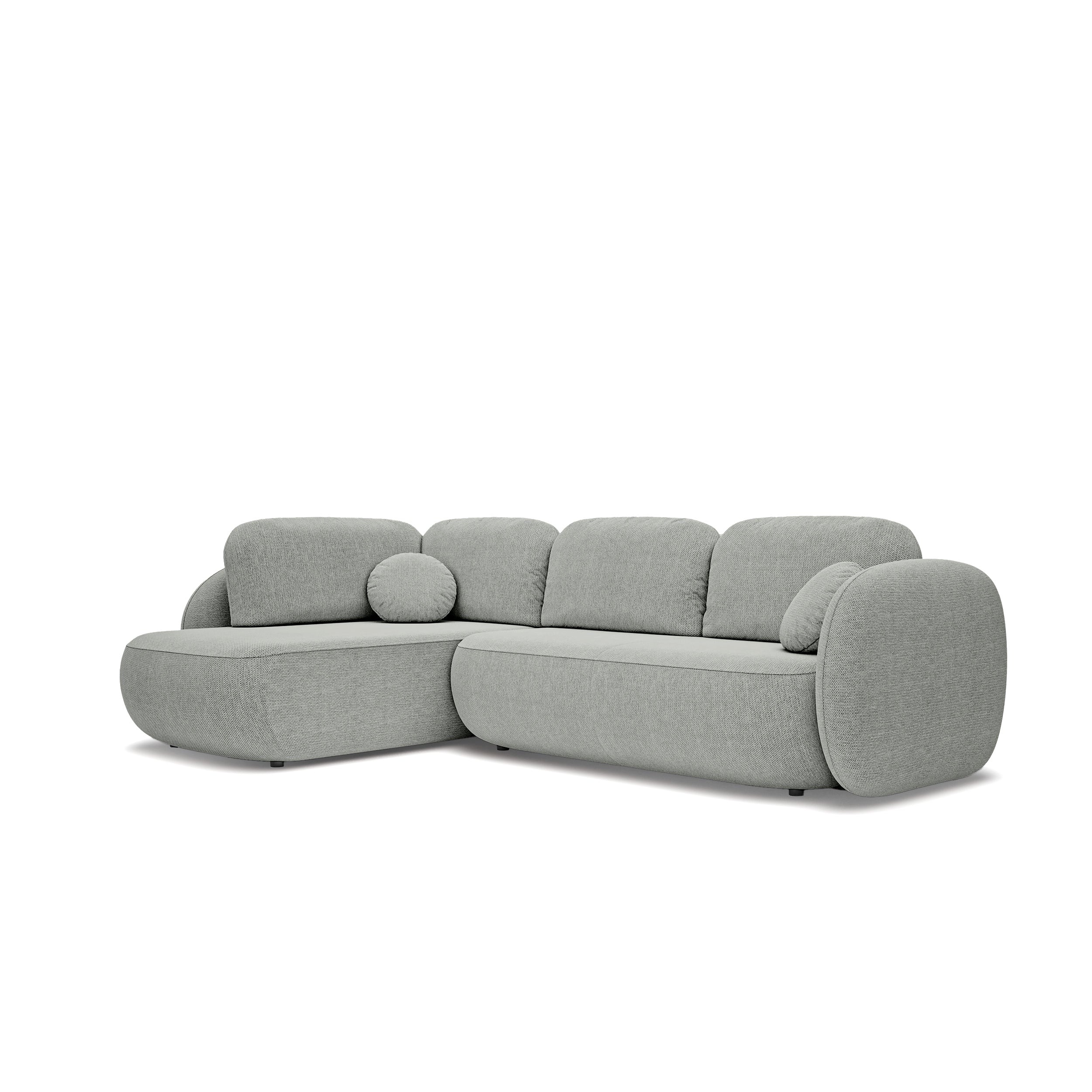 Narożnik z funkcją spania o powierzchni 123x250 w stylu organic modern - tkanina Aragon, zaokrąglona forma, dekoracyjne poduszki | OLEMO Lewostronny Stalowa Szarość (ARAGON 83)