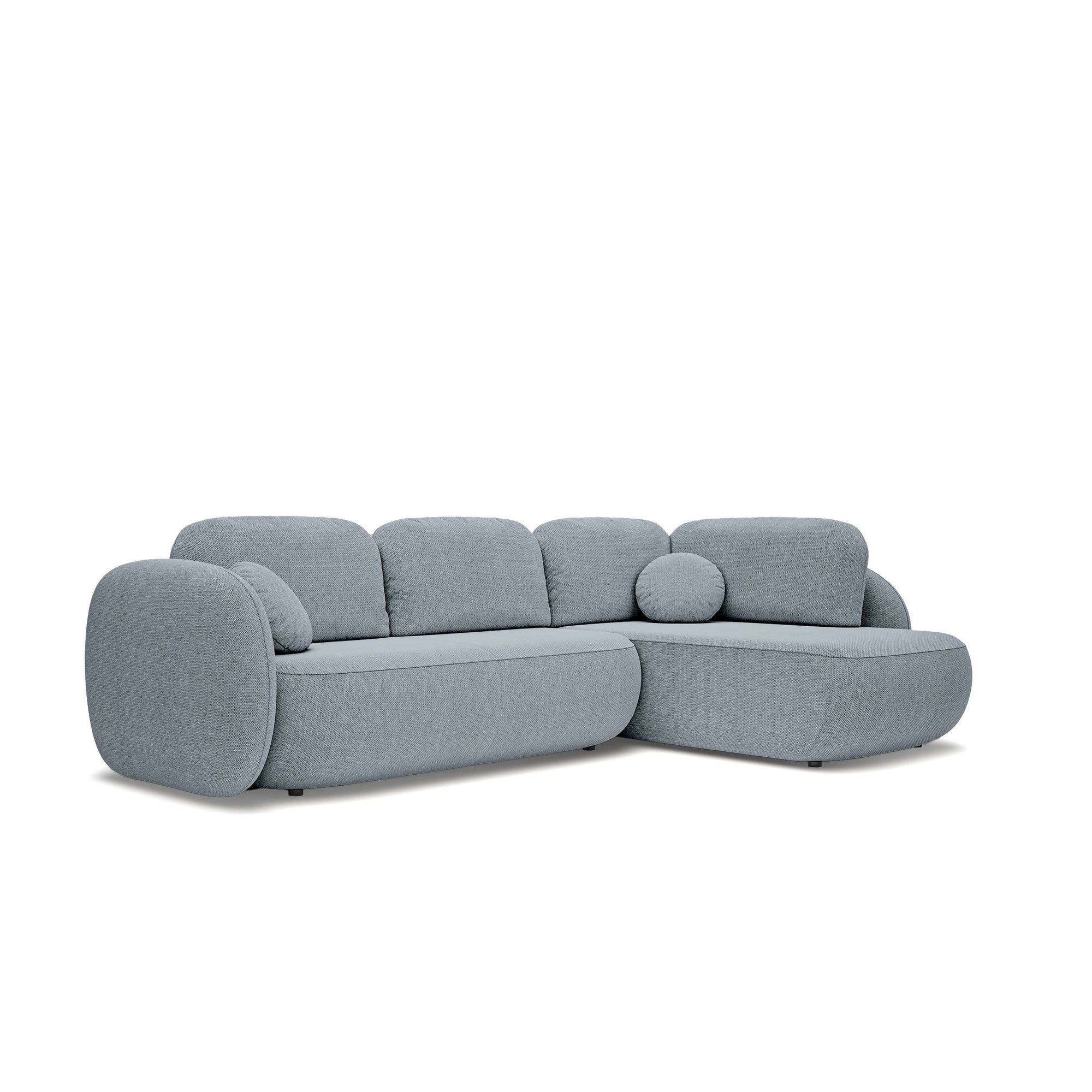 Narożnik z funkcją spania o powierzchni 123x250 w stylu organic modern - tkanina Aragon, zaokrąglona forma, dekoracyjne poduszki | OLEMO Prawostronny Szaroniebieska Mgła (ARAGON 90)