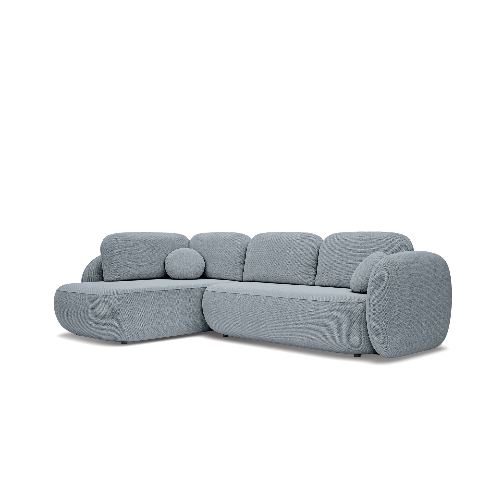 Narożnik z funkcją spania o powierzchni 123x250 w stylu organic modern - tkanina Aragon, zaokrąglona forma, dekoracyjne poduszki | OLEMO Lewostronny Szaroniebieska Mgła (ARAGON 90)